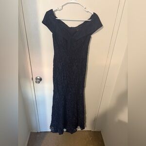 Xscape Navy Off-Shoulder Lace Maxi Dress